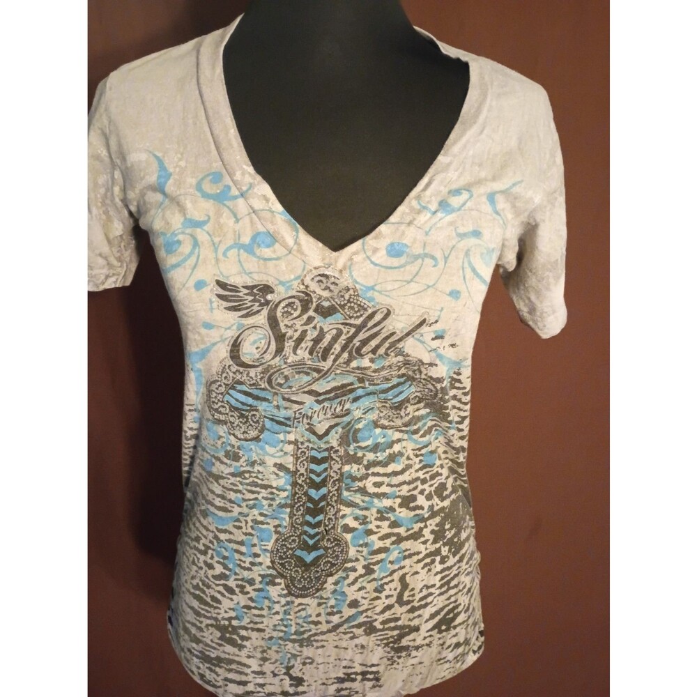 Y2K Sinful by Affliction Woman’s S Gray V-Neck Cotton Cross Graphic Tee